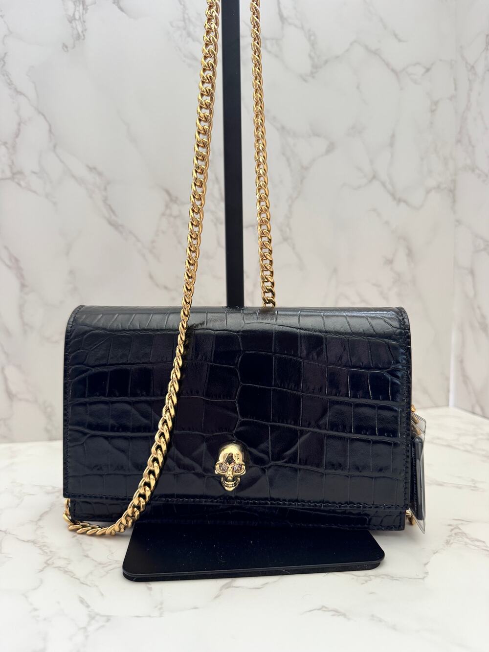 Alexander MCQueen Small Black Croc Embossed Leather Bag